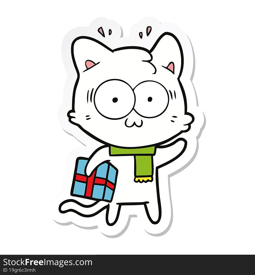 sticker of a cartoon surprised cat with christmas present