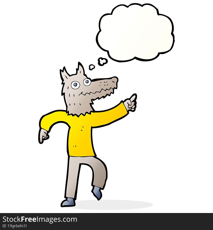 cartoon wolf man with thought bubble