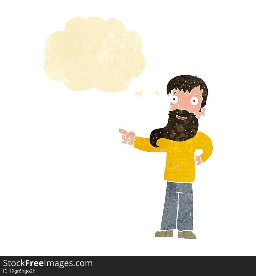 cartoon man with beard pointing with thought bubble