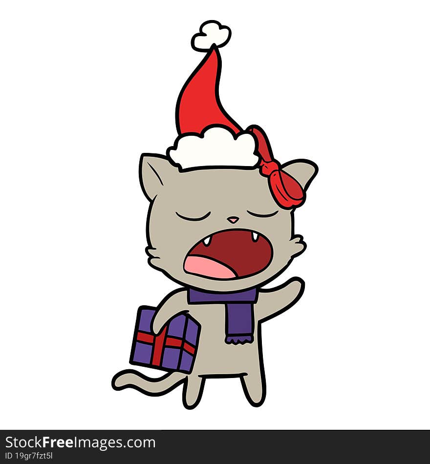 hand drawn line drawing of a cat with christmas present wearing santa hat