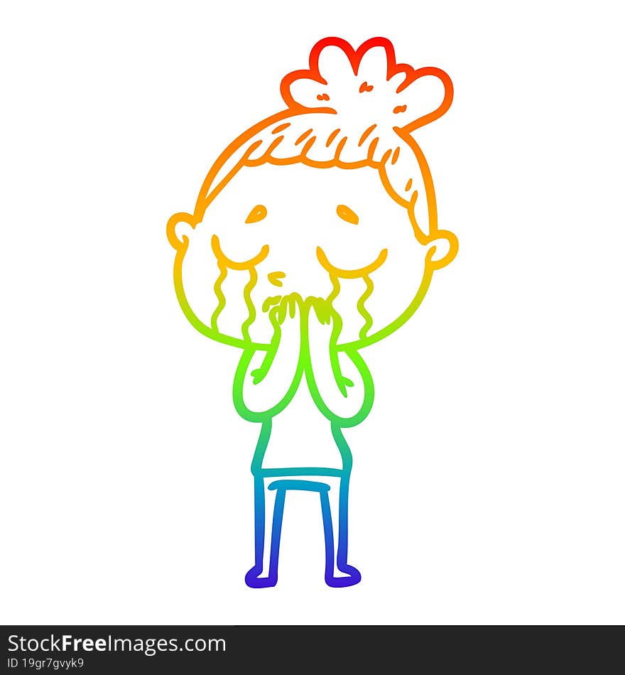 rainbow gradient line drawing of a cartoon crying woman