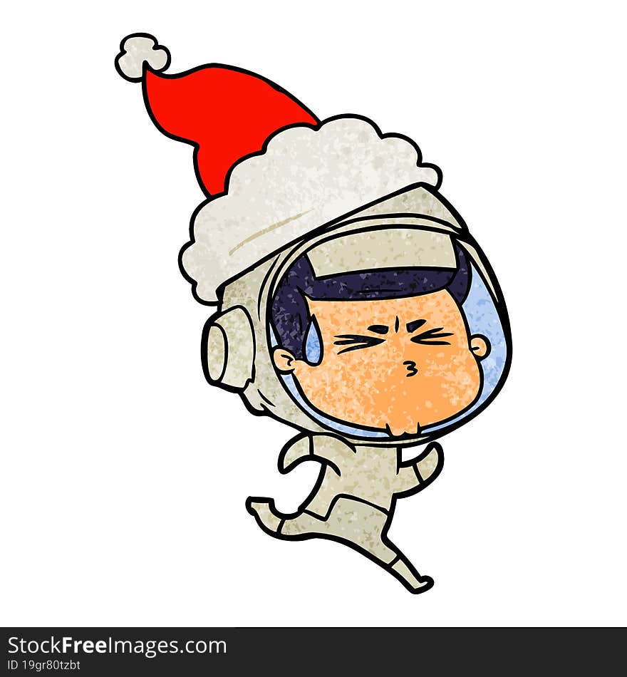 textured cartoon of a stressed astronaut wearing santa hat