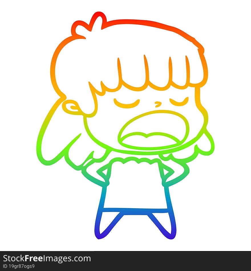 rainbow gradient line drawing of a cartoon woman talking loudly