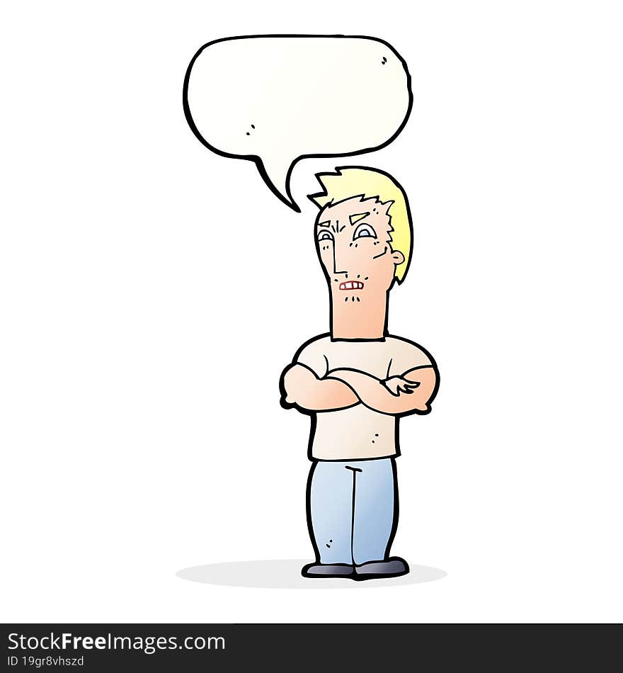 cartoon annoyed man with folded arms with speech bubble