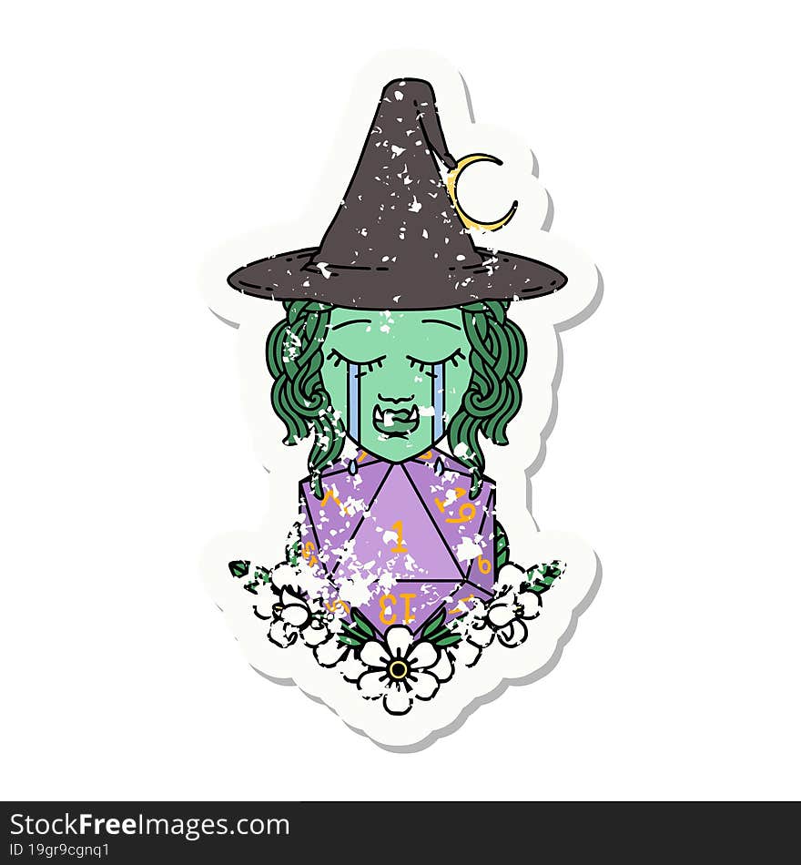 grunge sticker of a crying half orc witch with natural one D20 dice roll. grunge sticker of a crying half orc witch with natural one D20 dice roll