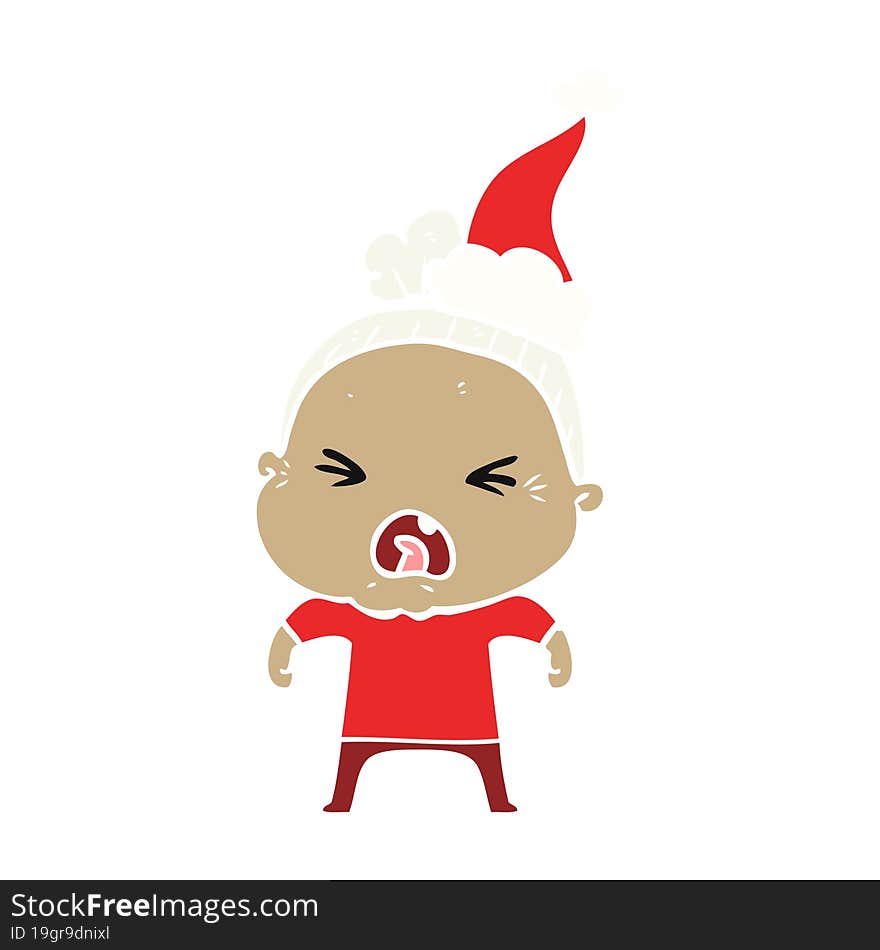 flat color illustration of a angry old woman wearing santa hat