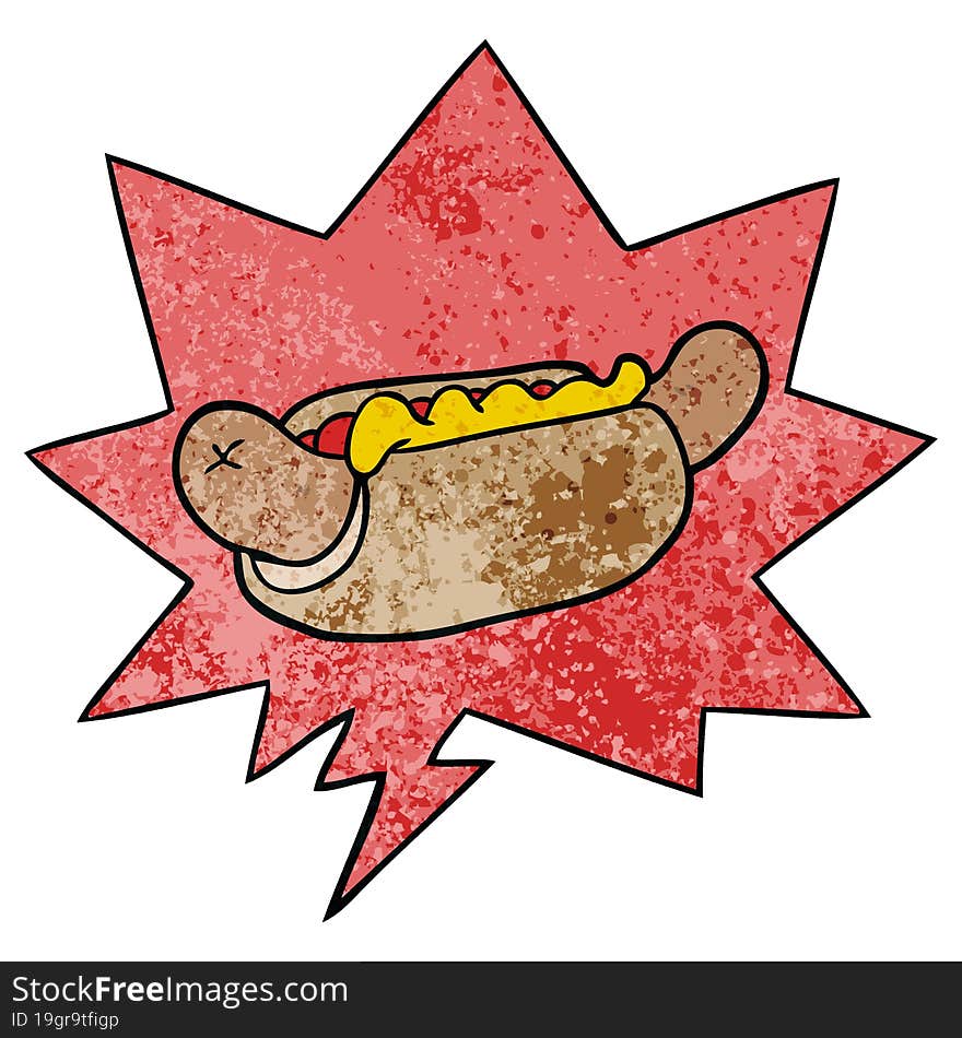 Cartoon Fresh Tasty Hot Dog And Speech Bubble In Retro Texture Style