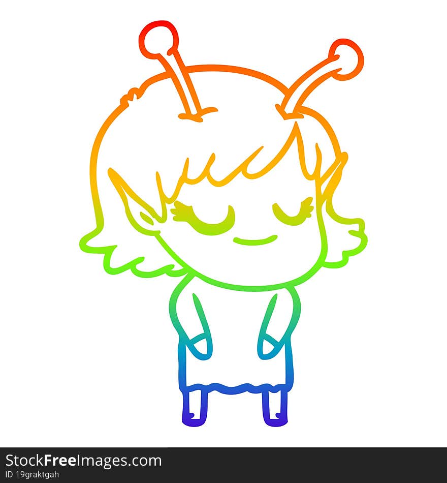 rainbow gradient line drawing smiling alien girl cartoon