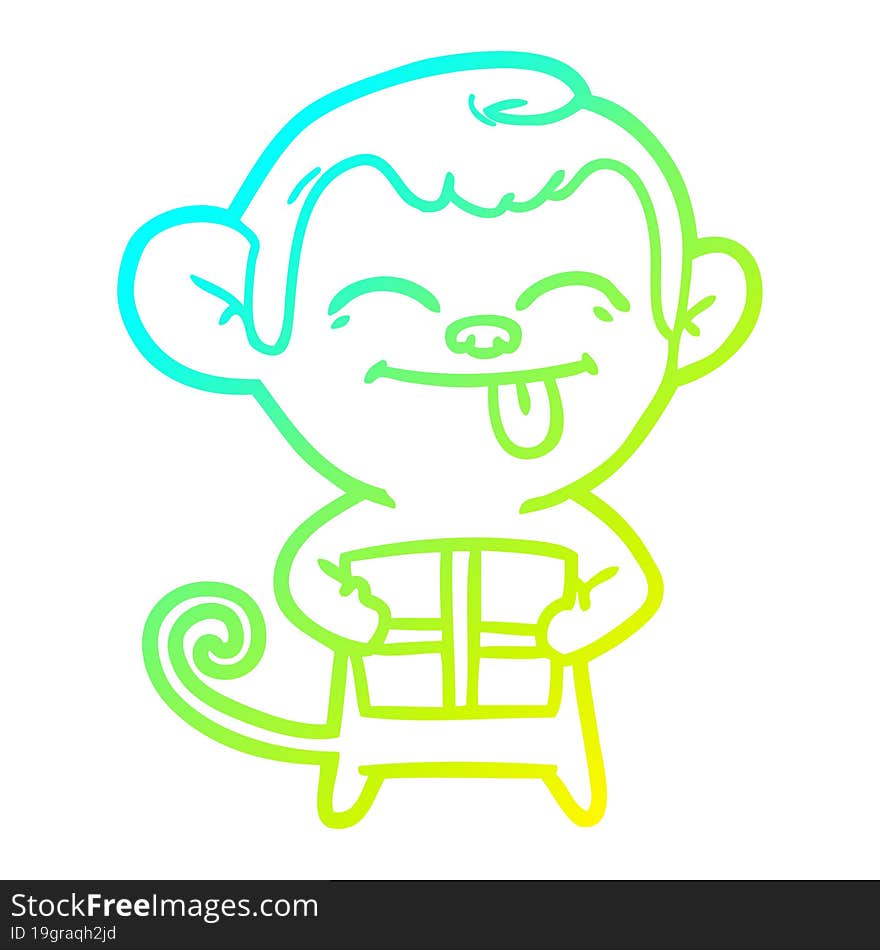 cold gradient line drawing funny cartoon monkey with christmas present