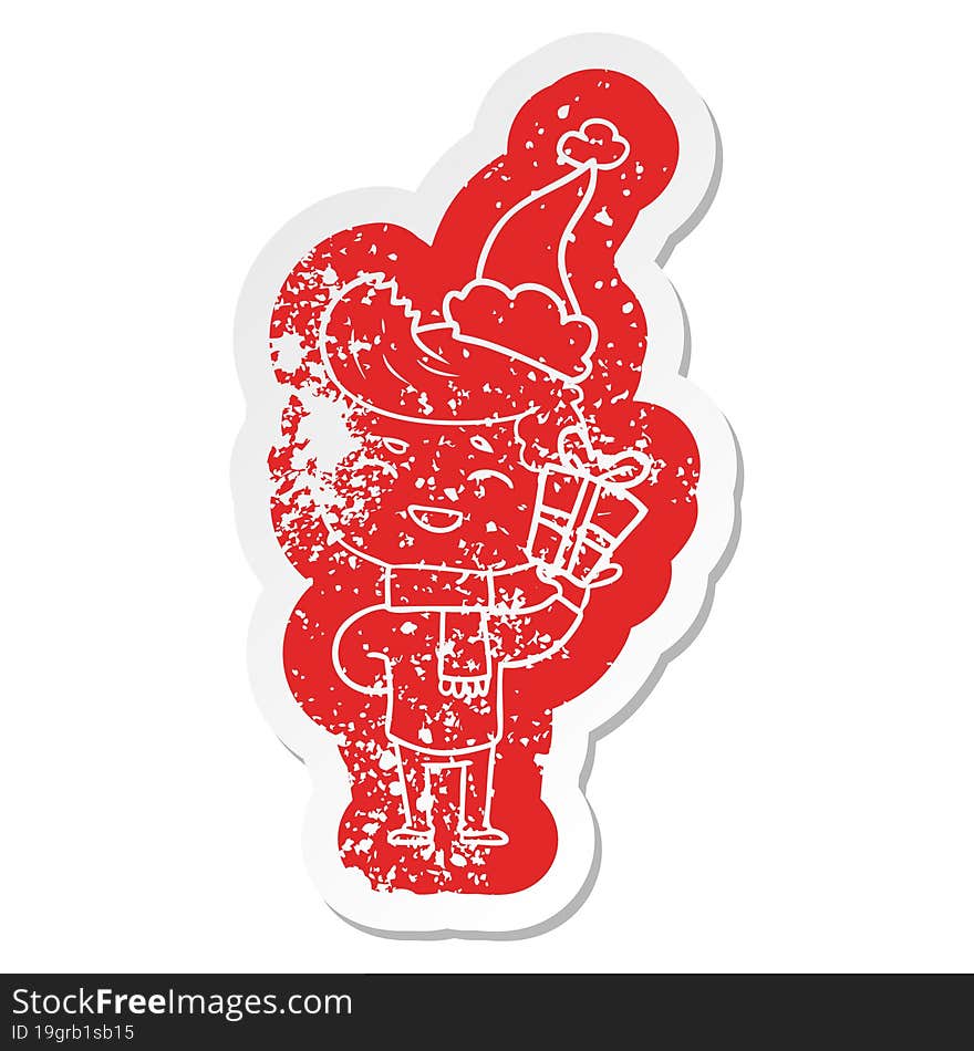 Cartoon Distressed Sticker Of A Man Laughing Wearing Santa Hat