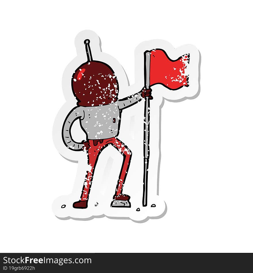 retro distressed sticker of a cartoon astronaut planting flag