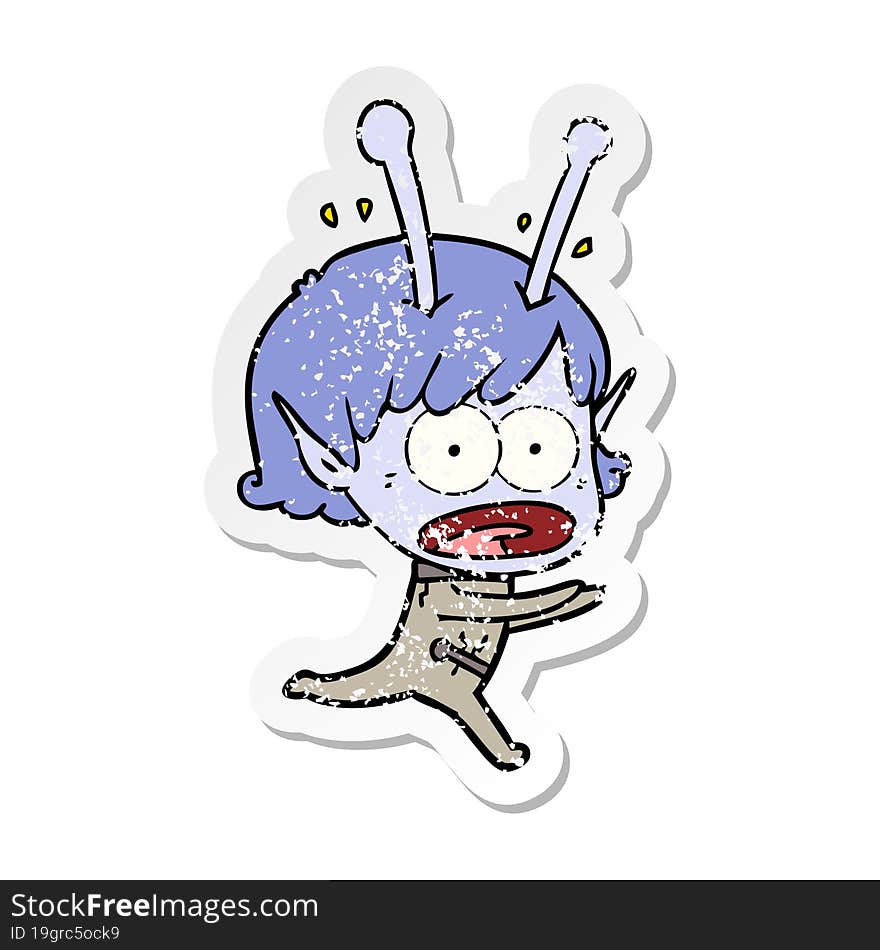 distressed sticker of a cartoon shocked alien girl