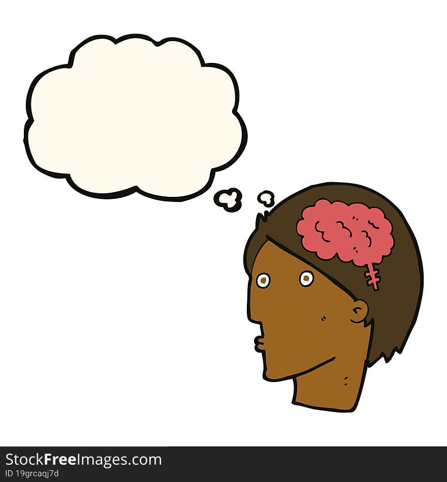 cartoon man with brain symbol with thought bubble