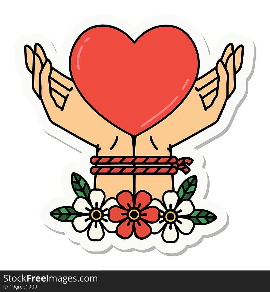 sticker of tattoo in traditional style of tied hands and a heart. sticker of tattoo in traditional style of tied hands and a heart