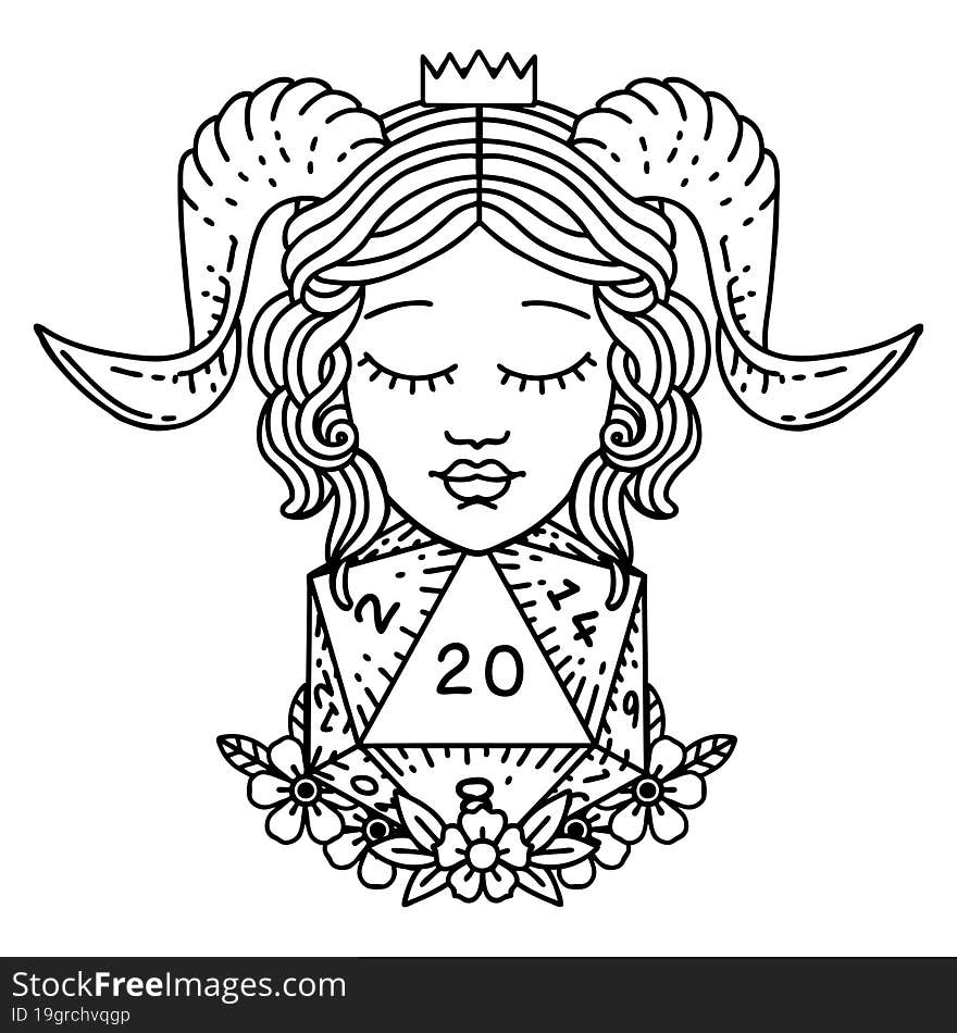 Black and White Tattoo linework Style tiefling with natural twenty d20 dice roll. Black and White Tattoo linework Style tiefling with natural twenty d20 dice roll