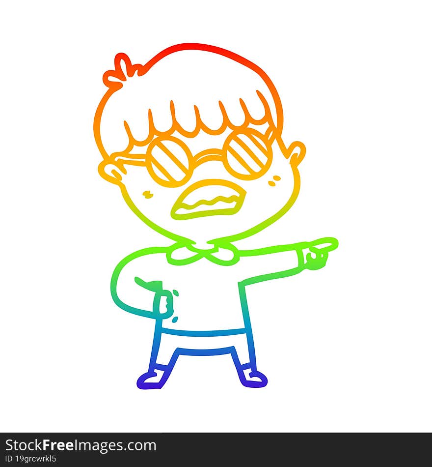 rainbow gradient line drawing cartoon pointing boy wearing spectacles