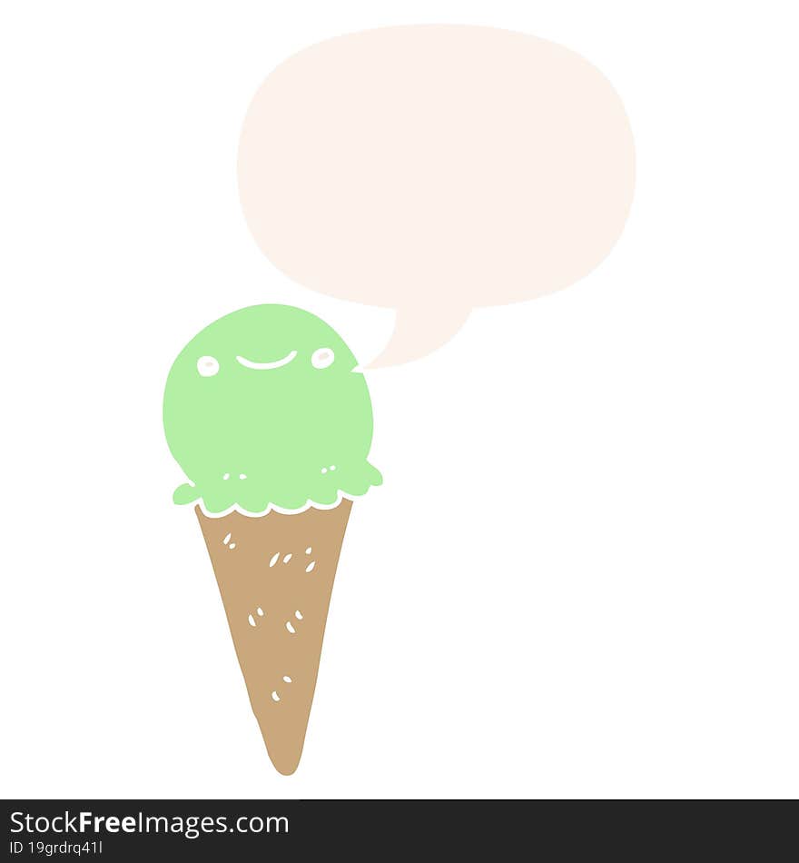 cartoon ice cream with speech bubble in retro style