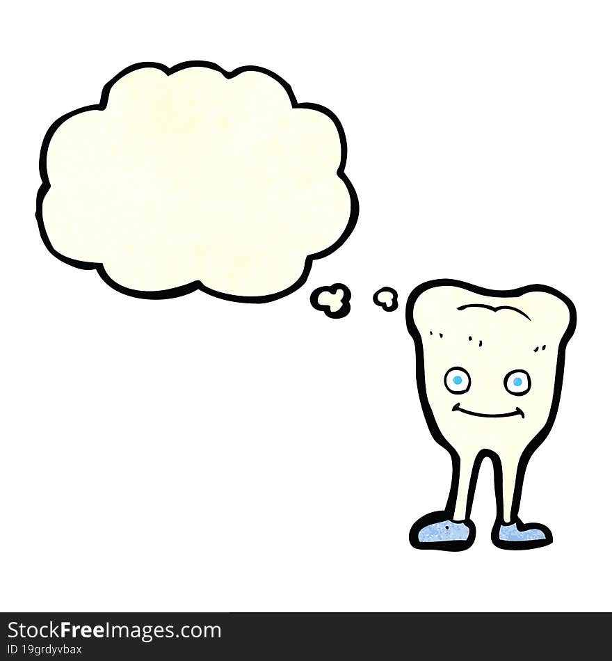 cartoon happy tooth with thought bubble