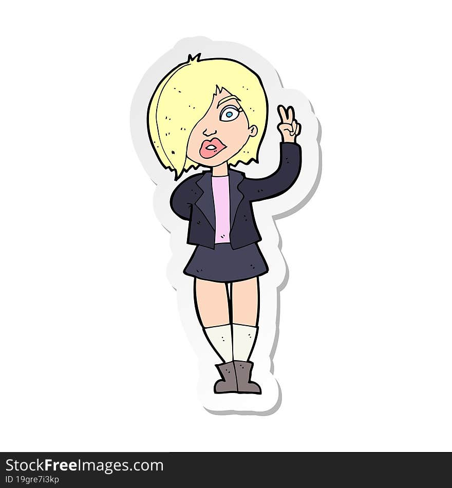 sticker of a cartoon cool girl giving peace sign