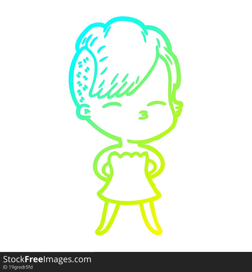 cold gradient line drawing of a cartoon squinting girl in dress