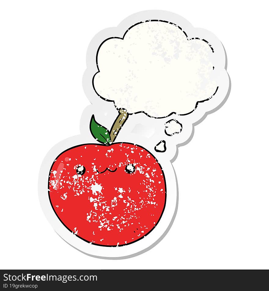 cartoon cute apple with thought bubble as a distressed worn sticker