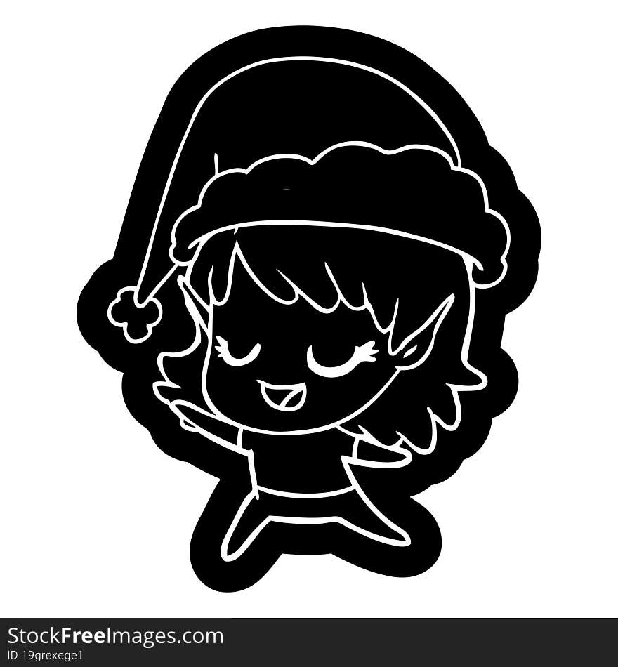 quirky cartoon icon of a happy elf girl dancing wearing santa hat. quirky cartoon icon of a happy elf girl dancing wearing santa hat