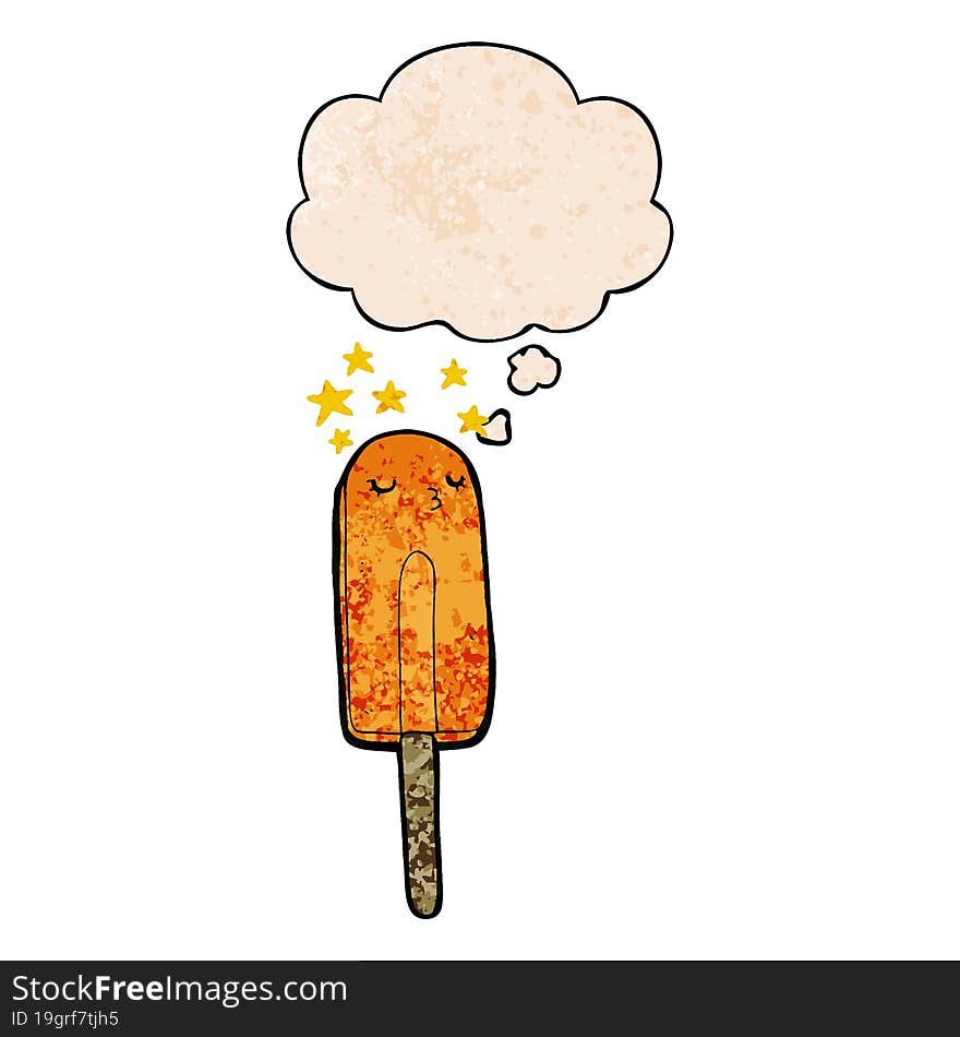 cartoon ice lolly and thought bubble in grunge texture pattern style