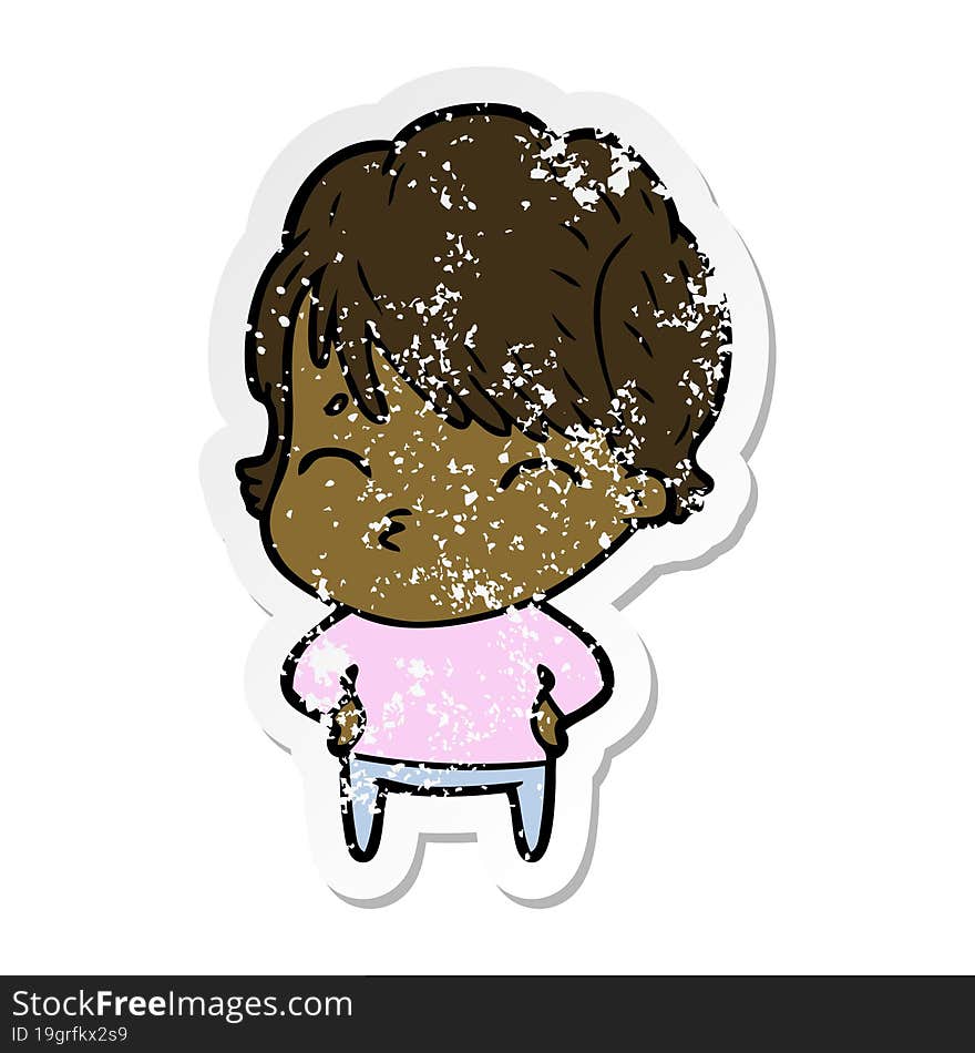 distressed sticker of a cartoon woman thinking