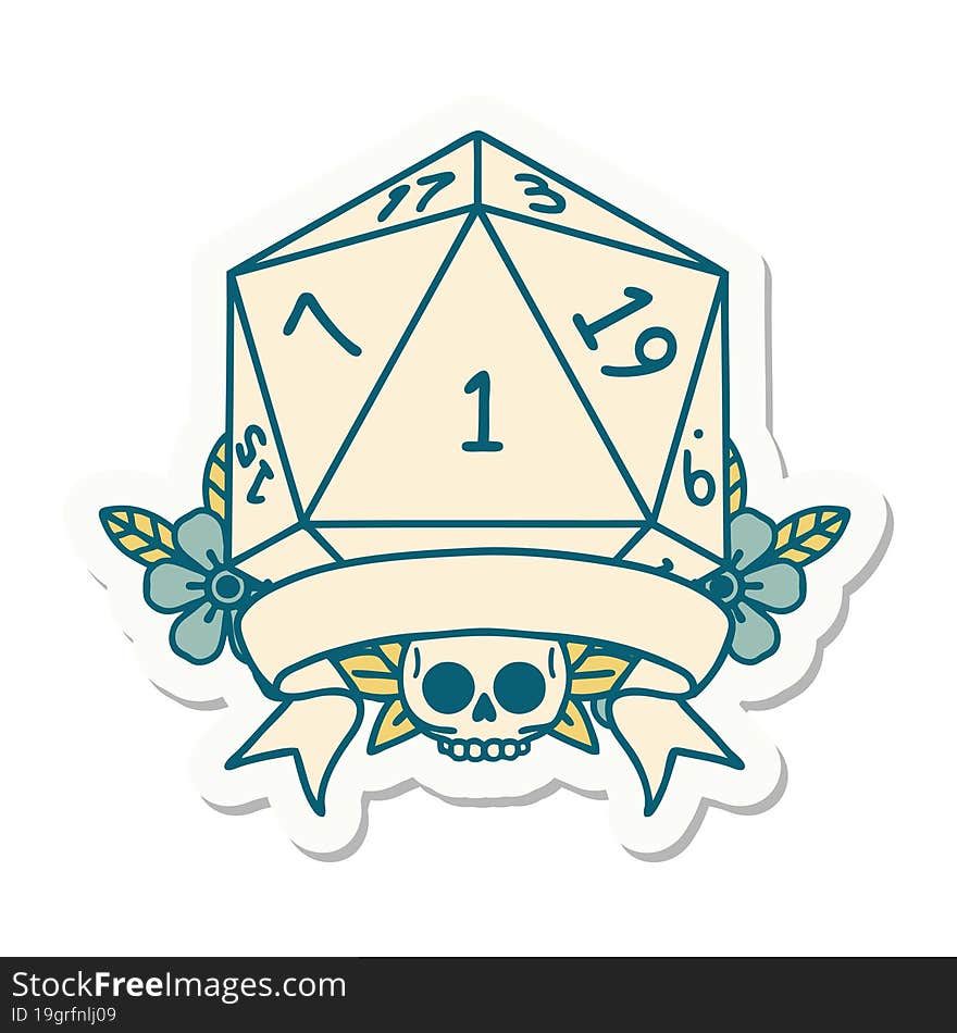 sticker of a natural one d20 dice roll. sticker of a natural one d20 dice roll