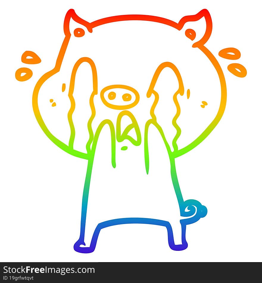 rainbow gradient line drawing of a crying pig cartoon