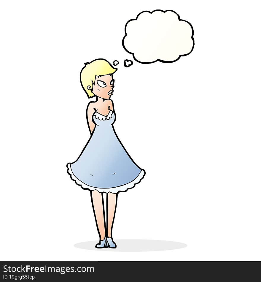 cartoon pretty woman in dress with thought bubble