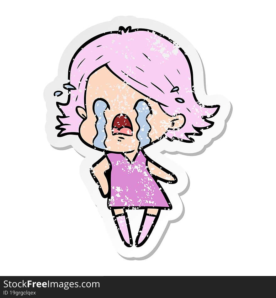 distressed sticker of a cartoon woman crying