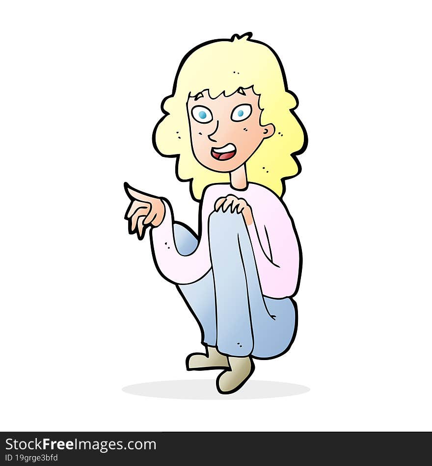 Cartoon Happy Woman Sitting And Pointing