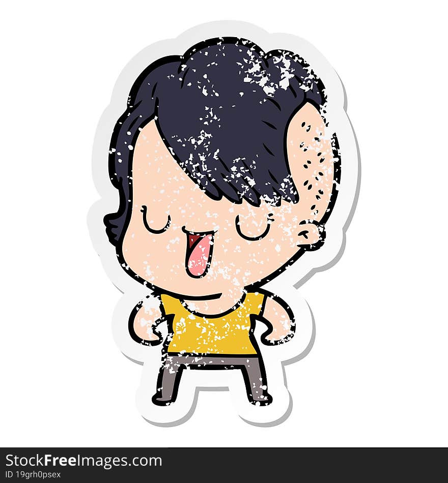 Distressed Sticker Of A Cute Cartoon Girl With Hipster Haircut