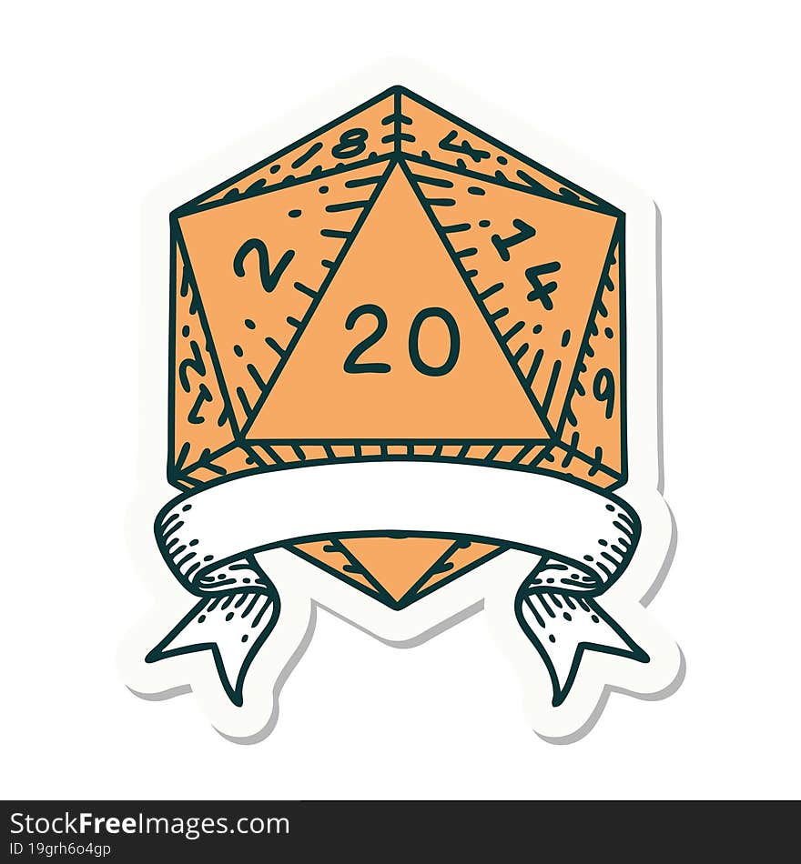 sticker of a natural 20 critical hit D20 dice roll. sticker of a natural 20 critical hit D20 dice roll