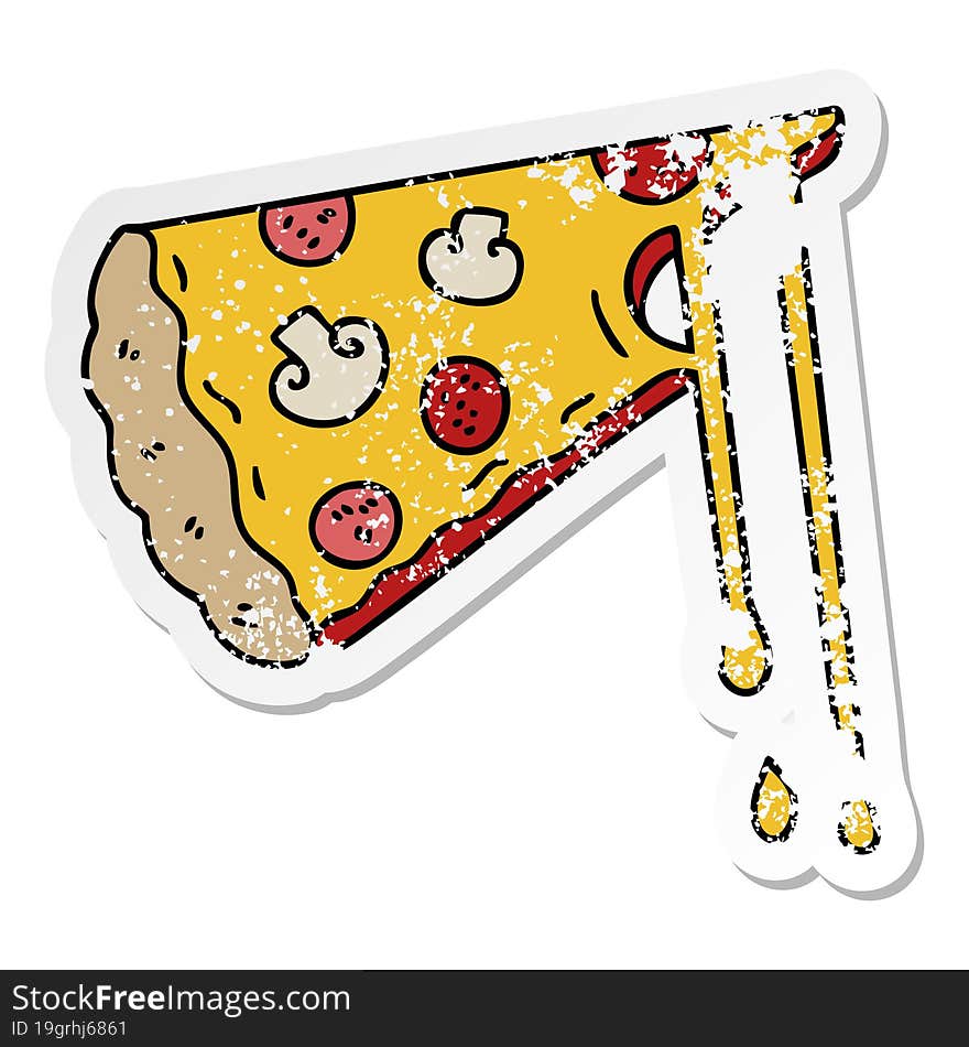 Distressed Sticker Of A Quirky Hand Drawn Cartoon Cheesy Pizza