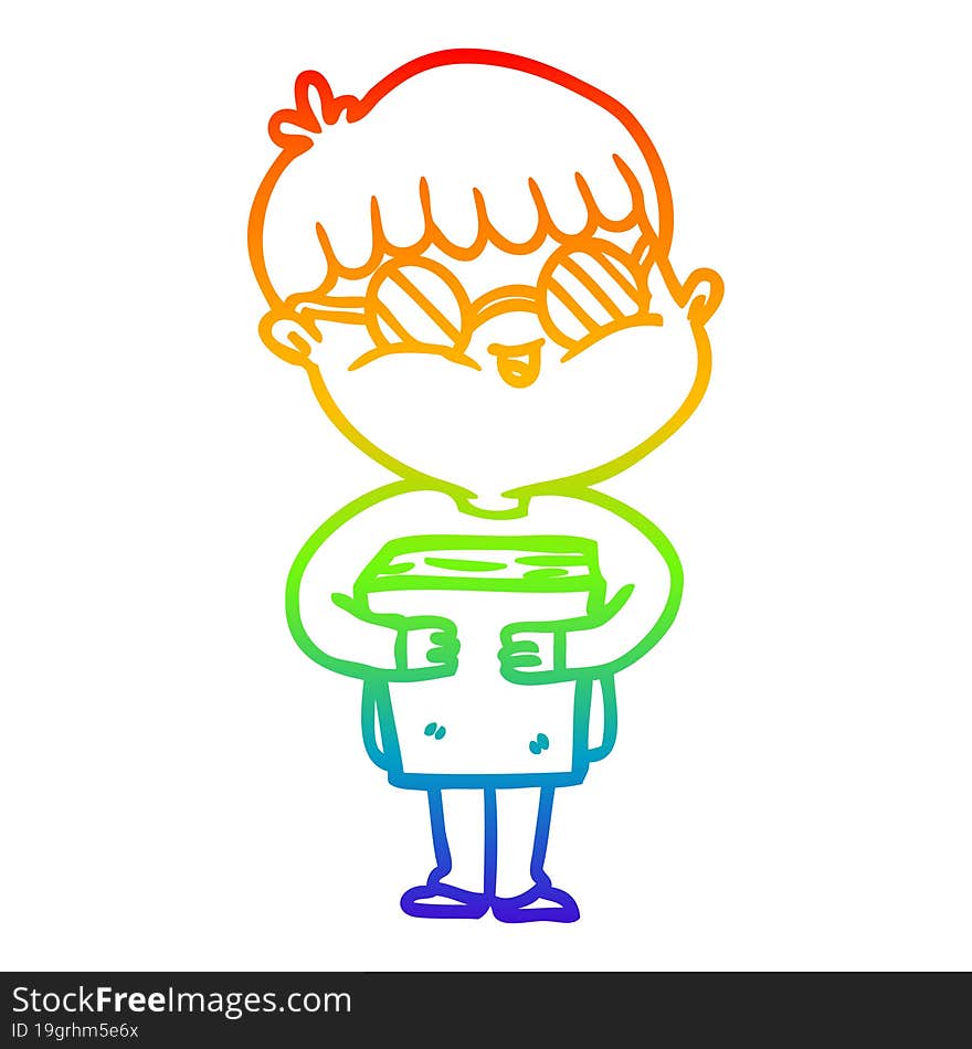 Rainbow Gradient Line Drawing Cartoon Boy Wearing Spectacles Carrying Book