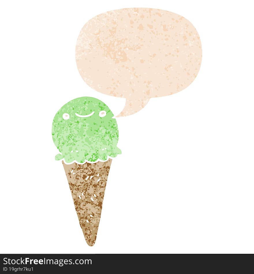 cartoon ice cream and speech bubble in retro textured style