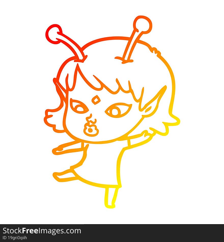 warm gradient line drawing pretty cartoon alien girl