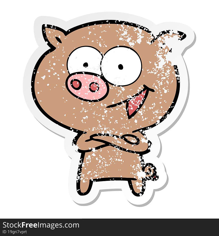 distressed sticker of a cheerful pig cartoon