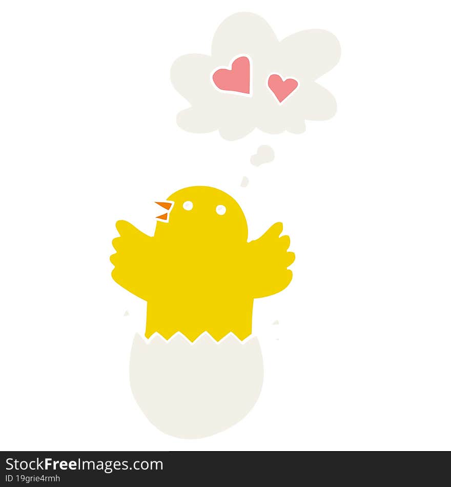 cute hatching chick cartoon with thought bubble in retro style