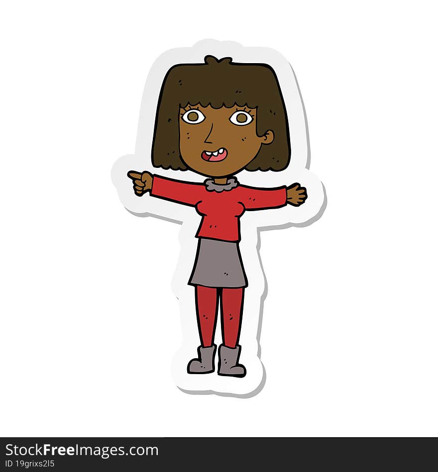 sticker of a cartoon happy woman pointing