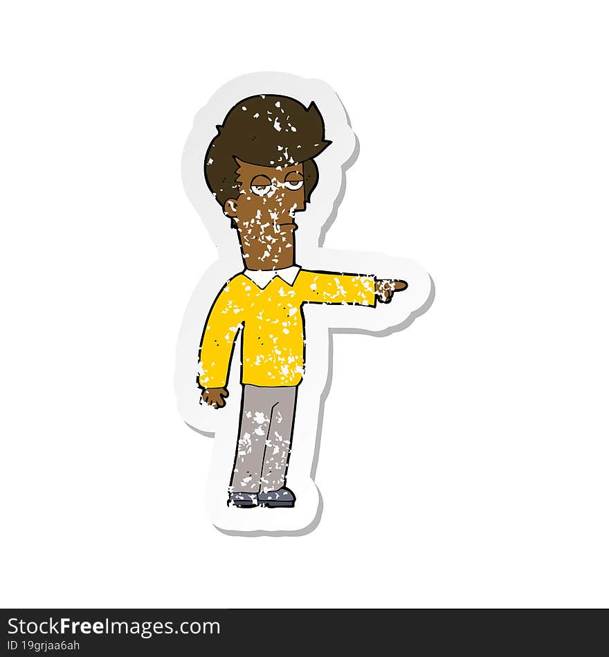 retro distressed sticker of a cartoon pointing man