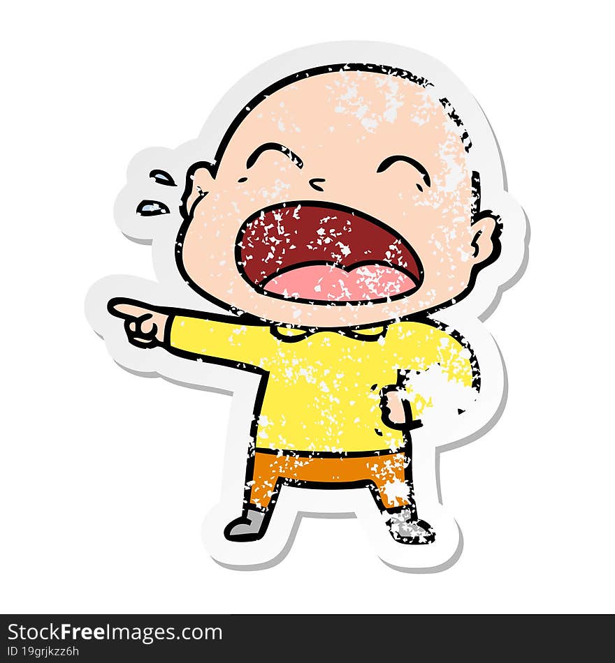 distressed sticker of a cartoon shouting bald man