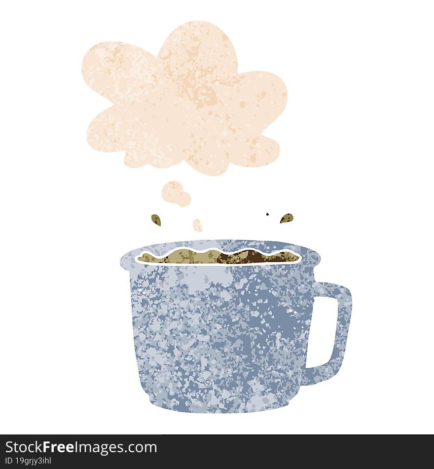 cartoon coffee cup and thought bubble in retro textured style