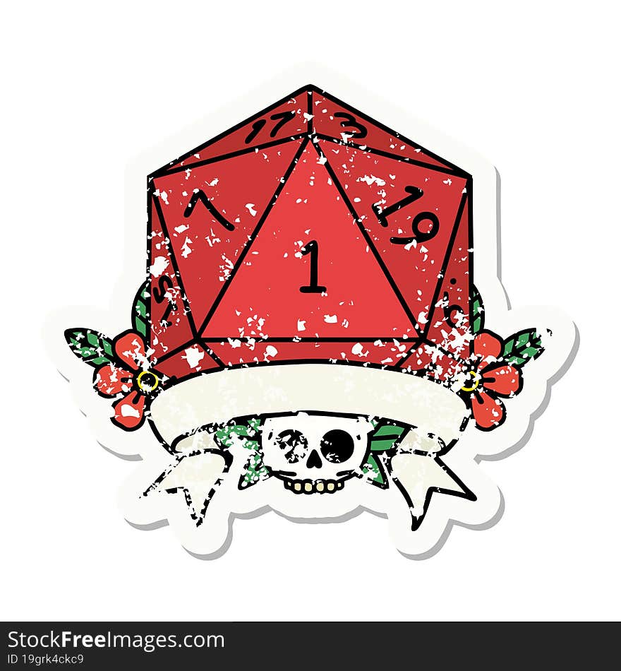 grunge sticker of a natural one d20 dice roll. grunge sticker of a natural one d20 dice roll