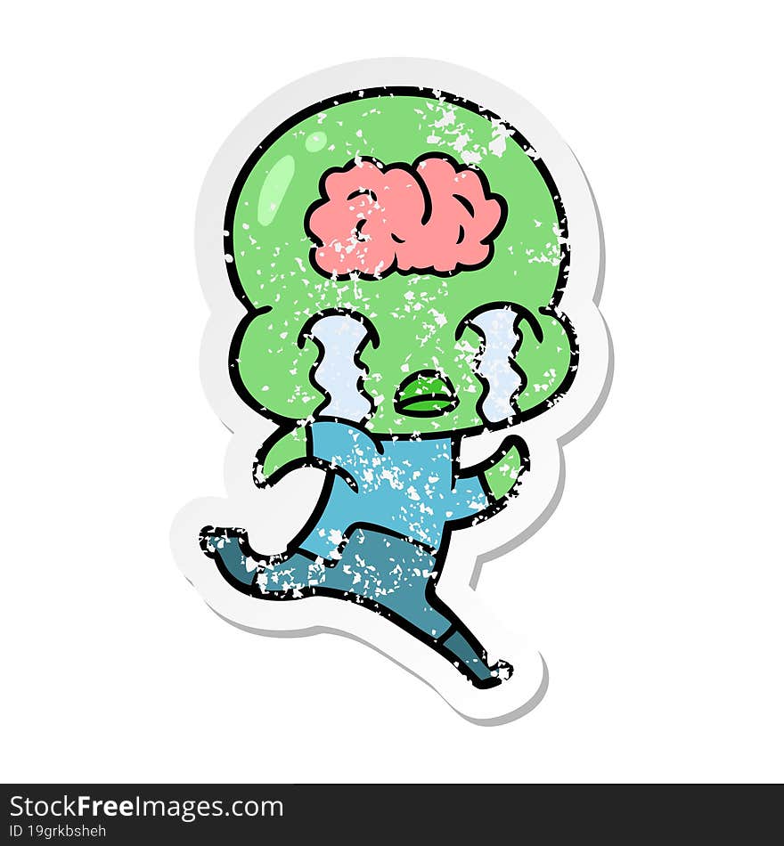 distressed sticker of a cartoon big brain alien crying