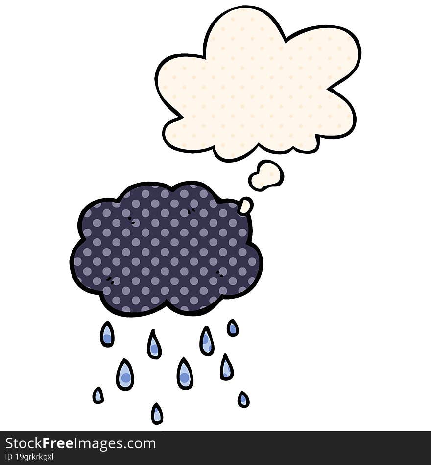 Cartoon Cloud Raining And Thought Bubble In Comic Book Style