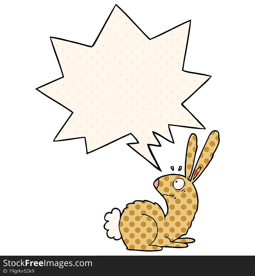 cartoon startled bunny rabbit with speech bubble in comic book style