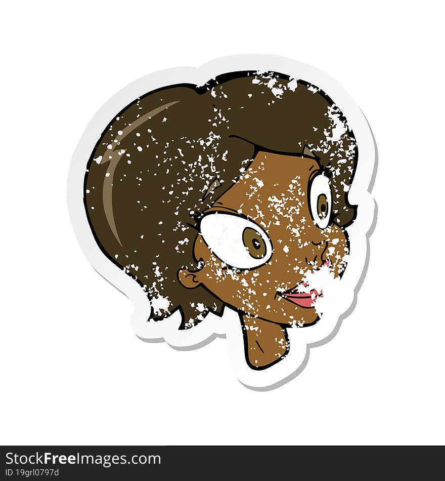 retro distressed sticker of a cartoon pretty female face